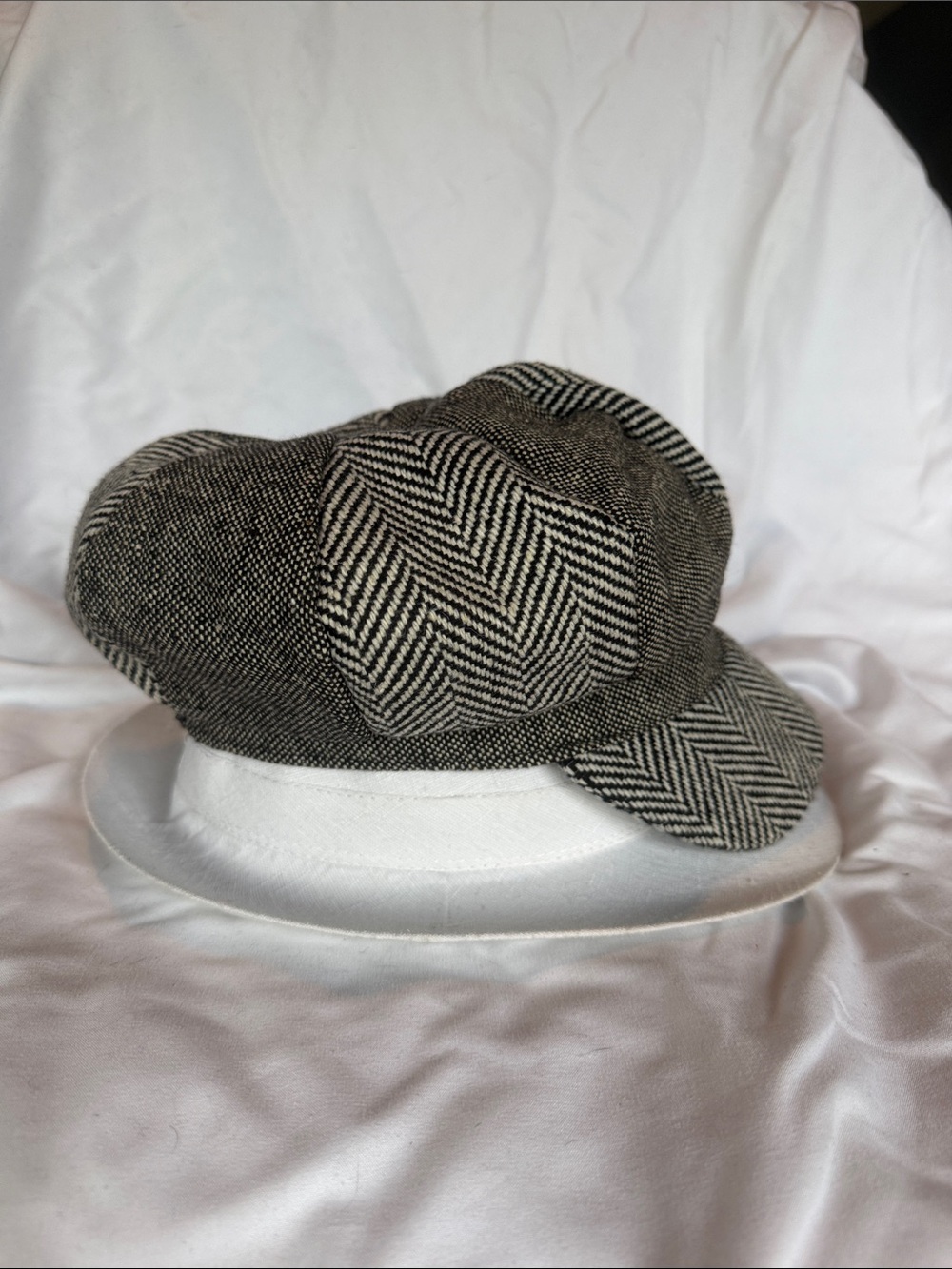 Black and White Herringbone Newsboy Cap